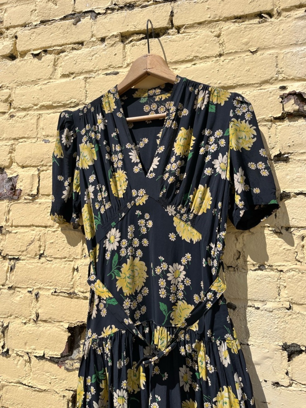 1940s 40s Vintage Art Deco Navy Floral Spring Rayon Crepe Midi Dress S/2-3